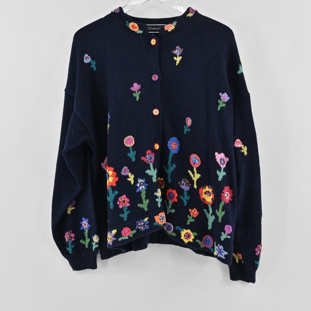 Christine Foley Floral Cardigan Womens Size XL Navy Cotton Vintage Knit Sweater